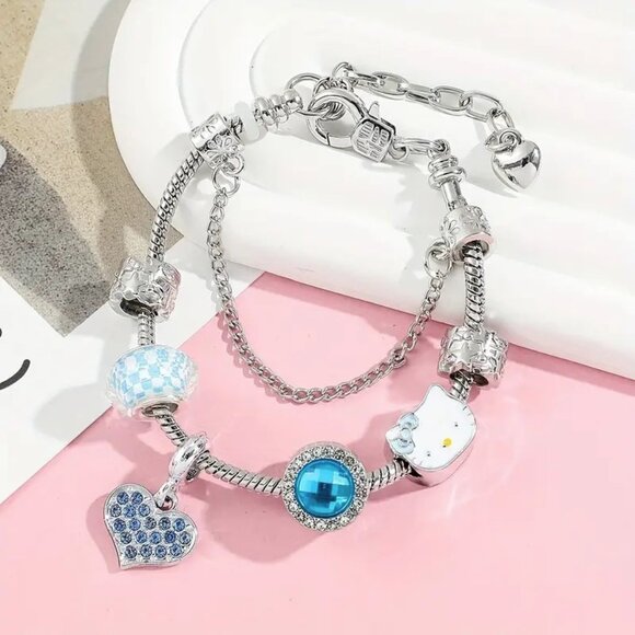 Charm Bracelet Hello Kitty Rhinestone Blue Red Double Emo Stylish Trendy Glam - Picture 3 of 6